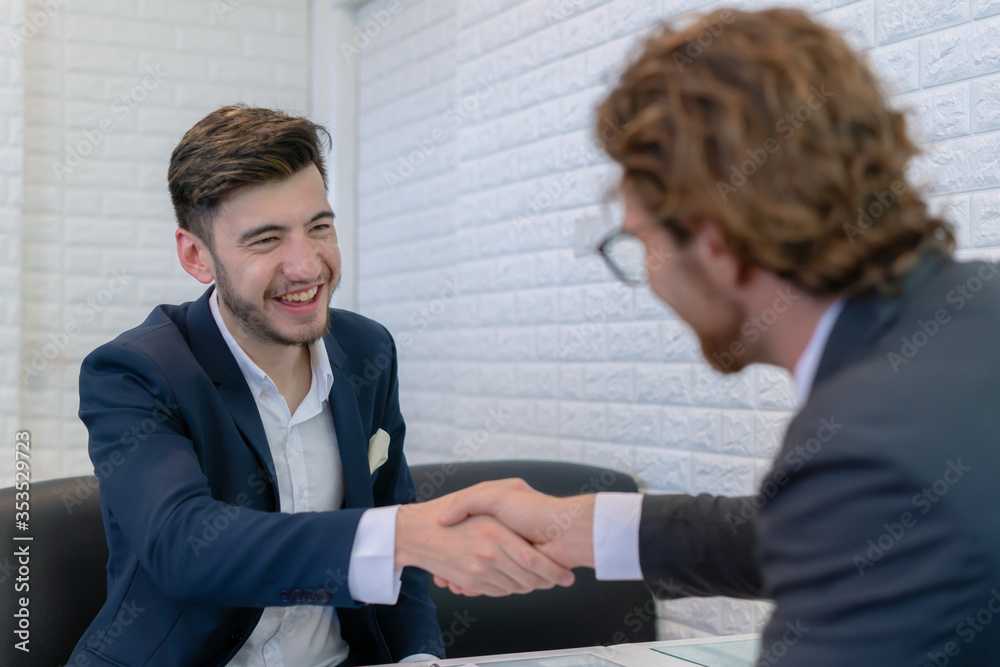 Business caucasian men handshake for sponsorship deal. Businessman appointed alliance for successfull business. Concept of challenger, competitor and relationship. Business caucasian men handshake for sponsorship deal. Businessman appointed alliance for successfull business. Concept of challenger, competitor and relationship.