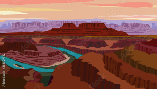 Vector illustration with view of the Colorado River and Canyonlands National Park from Dead Horse Point State Park located in the state of Utah
