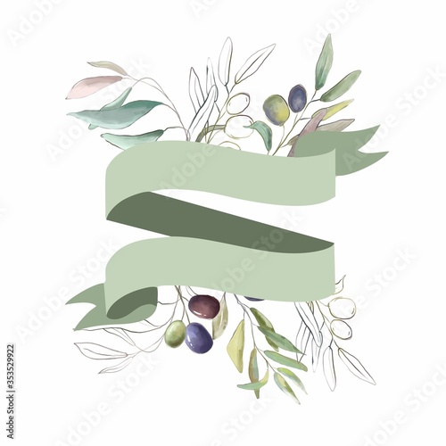 Olive leaves and green and black olives on a branch. isolated on a white background. Tape. template for the text. wedding invitations. postcards