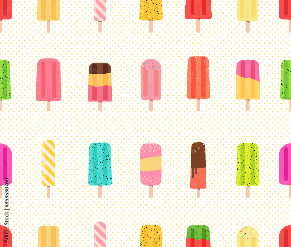 Seamless pattern with colorful ice pops on white background with small yellow polka dots. Collection of fruit popsicles. Seamless pattern with colorful ice pops on white background with small yellow polka dots. Collection of fruit popsicles.