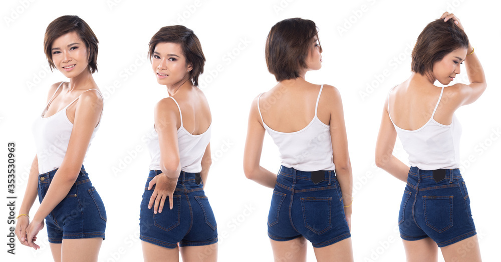 Turn rear back side view half body portrait Snap Figure, Asian Woman wear  white vast short