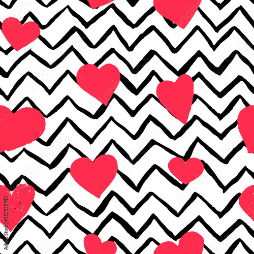 Brush drawn pink hearts and horizontal black strips. Vector seamless pattern of hand painted watercolor illustration. Background for Valentine's day card, paper, wedding invitation romantic post cards