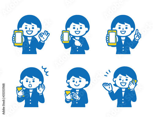 Woman set of smartphone and suit