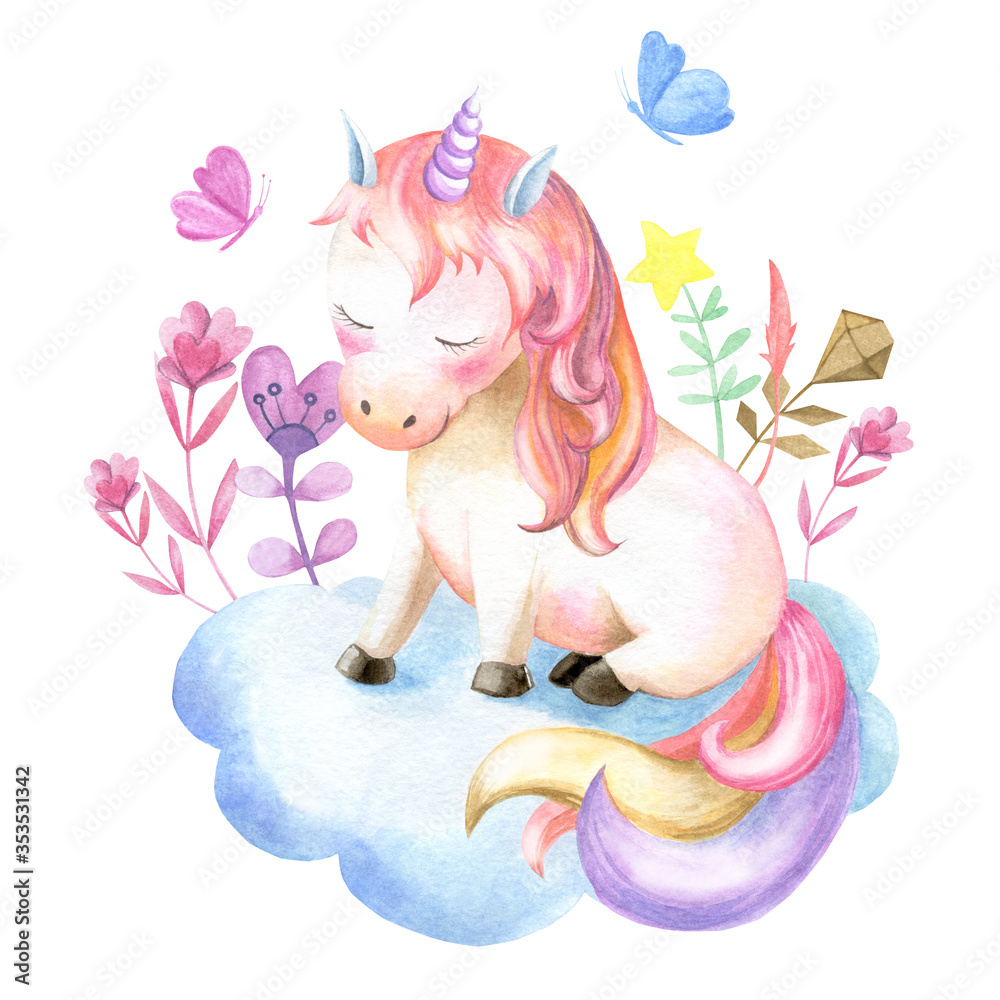 A cute unicorn sits on a cloud among magic flowers and fluttering butterflies.