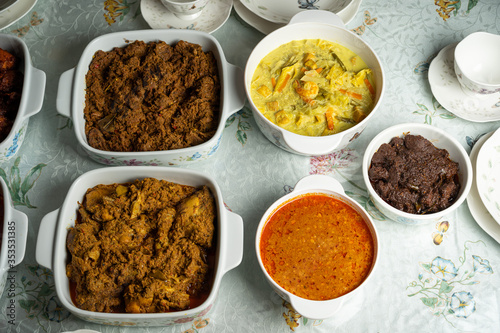Malaysian local traditional food, lemang, ketupat, ketupat palas and other eat during eid mubarak or known as Hari Raya Aidilfitri celebration. Eat together with curry or rendang.