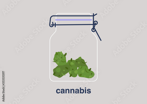 A jar of cannabis, green marihuana buds, weed storage