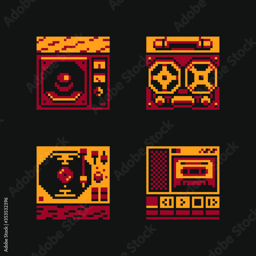 Retro vinyl record player, audio devices, speaker, recorder and wooden subwoofer, pixel art icons set, design for logo game, sticker, web, mobile app, print and logo. Isolated vector illustration.