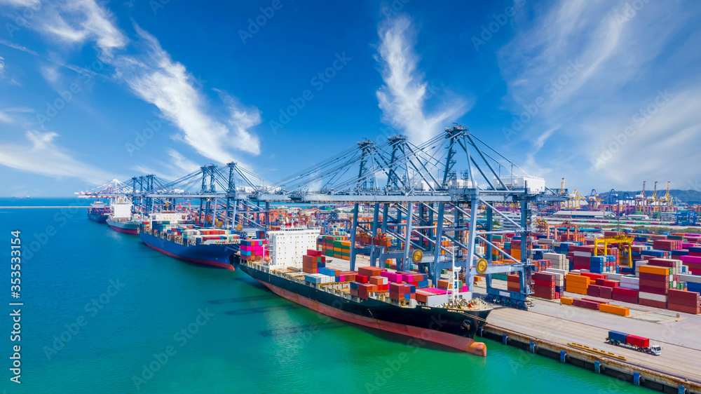 Global transport cargo and logistic business import and export, Container ship in seaport terminal, Container cargo vessel freight shipping company commercial worldwide, Freight transportation ship. - obrazy, fototapety, plakaty 