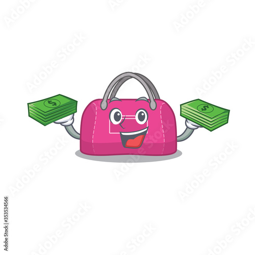 A wealthy woman sport bag cartoon character with much money