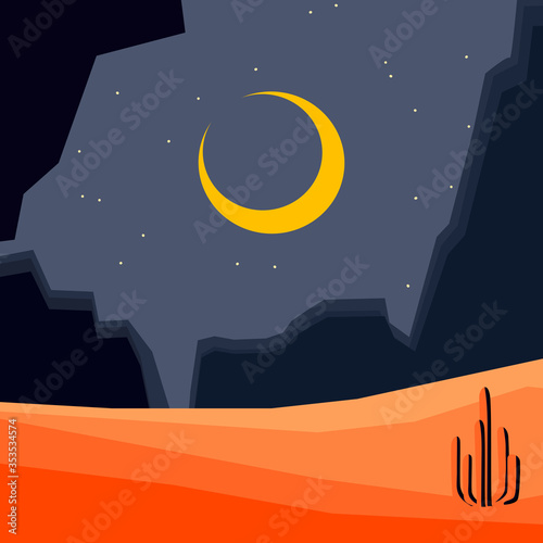 Vector desert landscape with night sky ,moon and stars