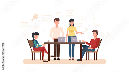 Group of men and women working at desk in office with laptop in flat icon design