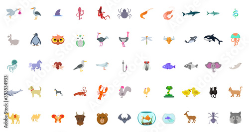 Animals flat icon set. with birds and sea animals