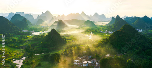 Leinwand Poster Sunset landscape of Wuzhi Mountain, Cuiping Village, Yangshuo, Guilin, Guangxi,