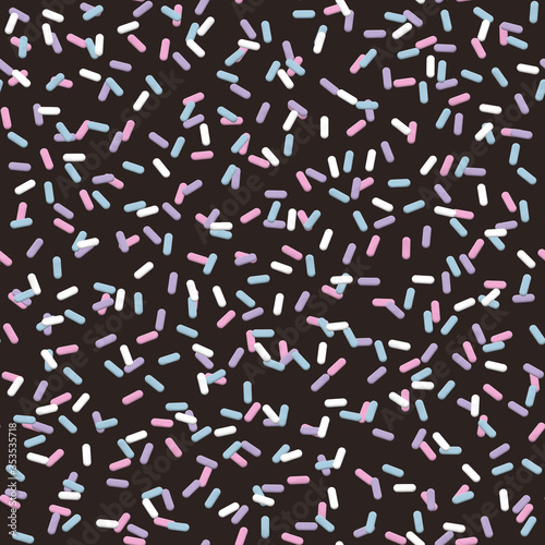 big pink purple blue and white sprinkles seamless pattern on a dark chocolate brown background 