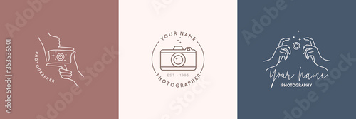 Linear logo of the photographer. Women's Hands hold the camera shutter. Vector logol for a photo Studio