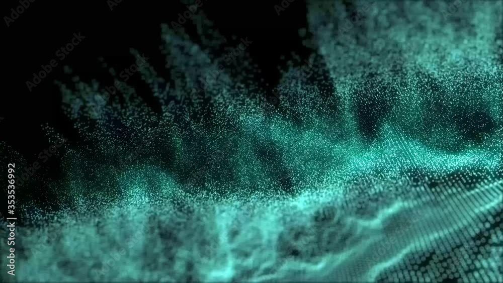 Data stream particle wave. 4K abstract blue neon particle motion background. Pulsing glowing particle lines bounce against a black backdrop. Particle wave