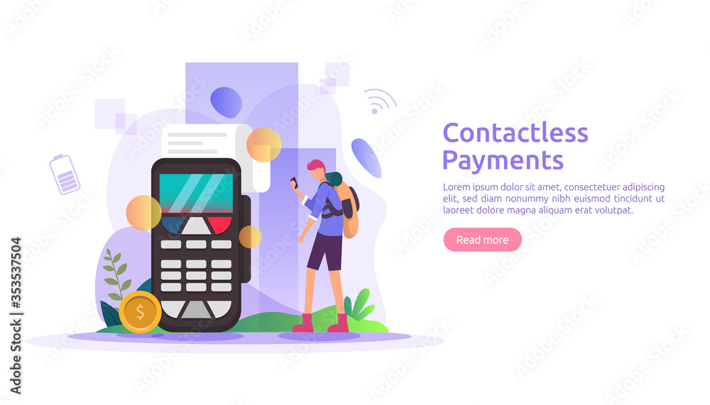 mobile payment or money transfer concept. contactless, wireless or cashless payments with smartphone NFC technology. template for web landing page, banner, presentation, social media, print media