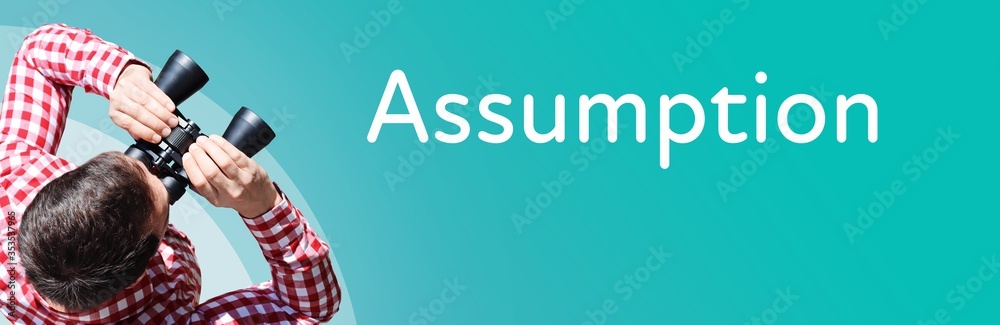 Fototapeta premium Assumption. Businessman (man) looks through binoculars. Birds eye view. Focus on text. Blue Background. Business, Finance, Statistics, Analysis, Economy