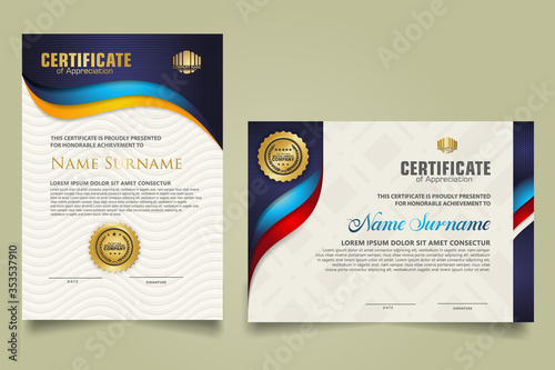 set vertical and horizontal certificate template with flow lines ornament and modern texture pattern background. Diploma. Vector illustration