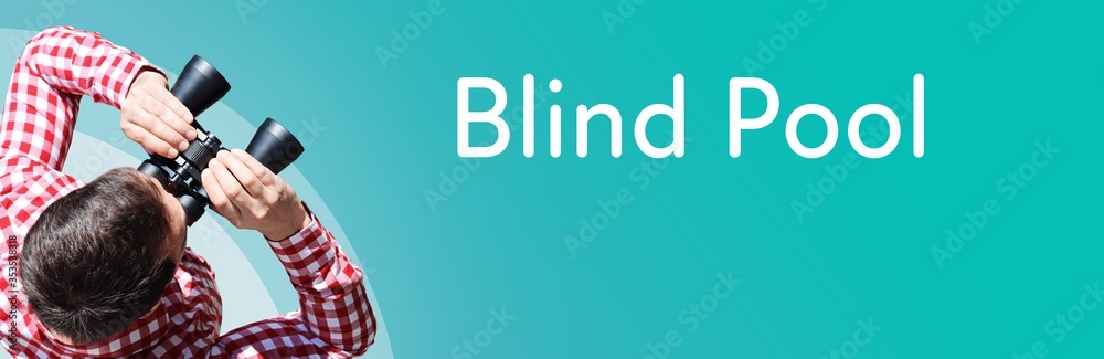 Fototapeta premium Blind Pool. Businessman (man) looks through binoculars. Birds eye view. Focus on text. Blue Background. Business, Finance, Statistics, Analysis, Economy