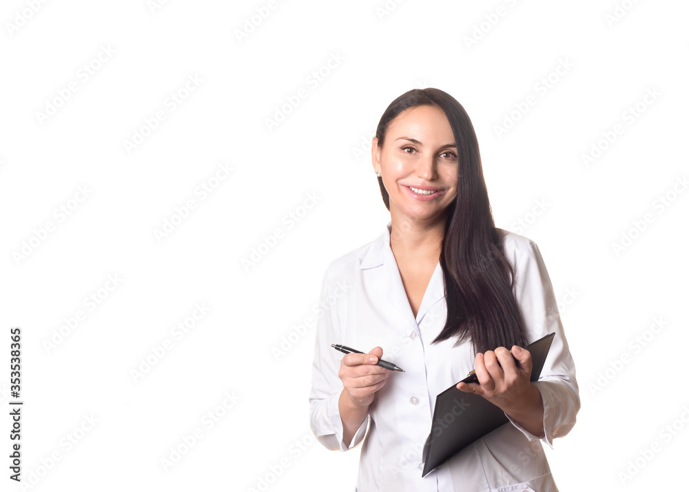 Medical exam, data collection. Doctor therapist with a pen and a clipboard. Friendly smiling adult woman in medical gown, half-length portrait, isolated on white. Medical exam, data collection. Doctor therapist with a pen and a clipboard. Friendly smiling adult woman in medical gown, half-length portrait, isolated on white.