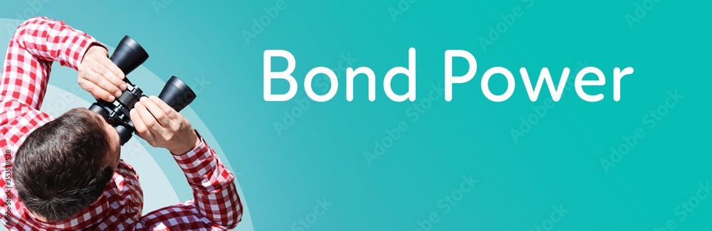 Naklejka premium Bond Power. Businessman (man) looks through binoculars. Birds eye view. Focus on text. Blue Background. Business, Finance, Statistics, Analysis, Economy