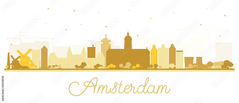 Amsterdam Holland City Skyline Silhouette with Golden Buildings Isolated on White.