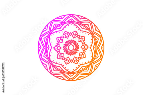 Round gradient mandala on white background, Vector boho mandala in orange and pink colors. Mandala with floral patterns. 