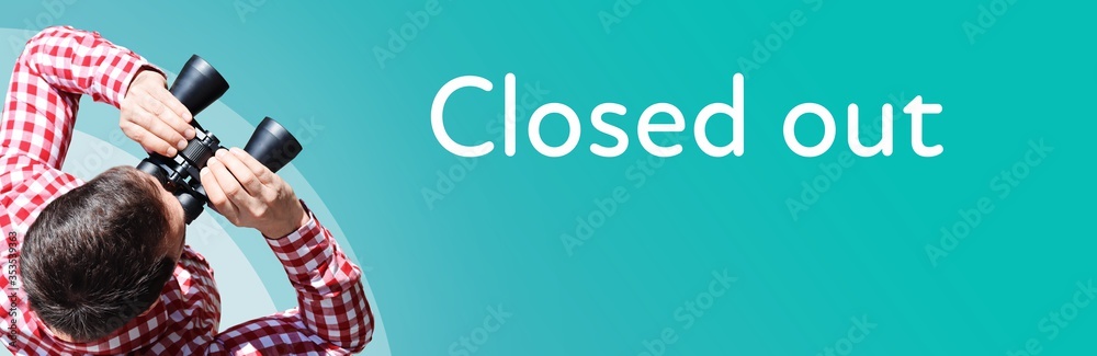 Naklejka premium Closed out. Businessman (man) looks through binoculars. Birds eye view. Focus on text. Blue Background. Business, Finance, Statistics, Analysis, Economy