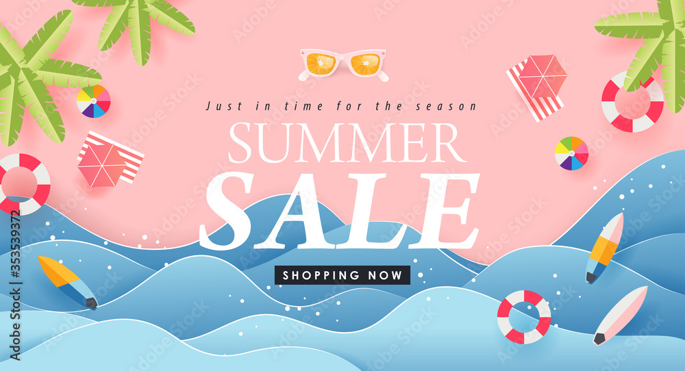 Summer sale design with paper cut tropical beach bright Color background layout banners .Paper art concept.voucher discount.Vector illustration template. - obrazy, fototapety, plakaty 