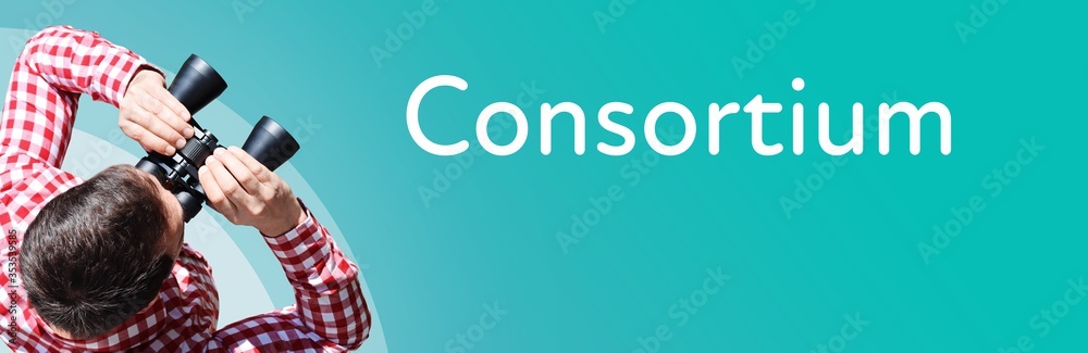 Naklejka premium Consortium. Businessman (man) looks through binoculars. Birds eye view. Focus on text. Blue Background. Business, Finance, Statistics, Analysis, Economy