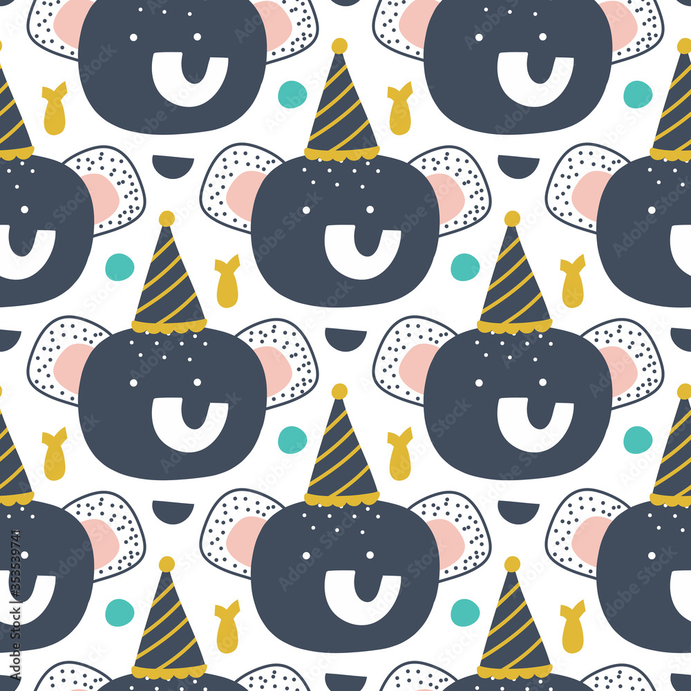 Elephant wearing  birthday hat with confetti hand drawn seamless vector fill. Cute childish drawing. Baby wrapping paper, textile, vector illustration