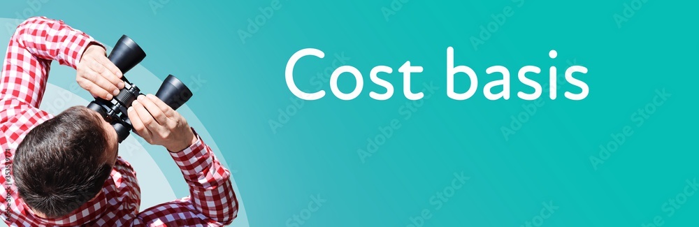 Naklejka premium Cost basis. Businessman (man) looks through binoculars. Birds eye view. Focus on text. Blue Background. Business, Finance, Statistics, Analysis, Economy