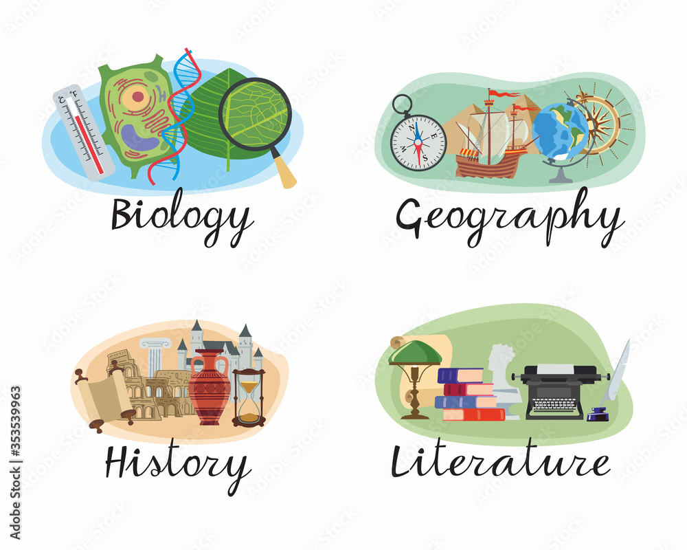 Icons set of educational disciplines. Biology, Geography, History