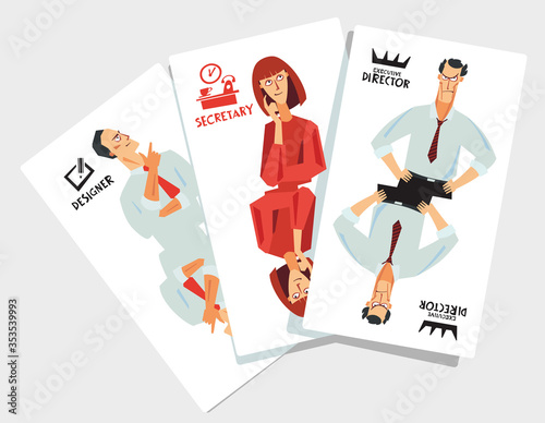 Set of office professions in the form of playing cards. A grotesquely drawn designer, secretary and executive director. Cartoon hand vector graphics