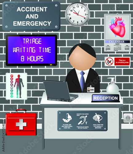 Comical hospital accident and emergency department with long triage and treatment waiting times 