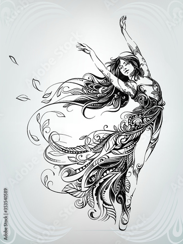Dance of a girl in a floral ornament