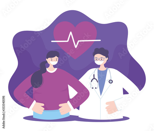 telemedicine, physician and patient girl with medical mask, treatment and online healthcare services