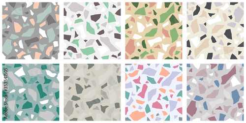 Set of terrazzo flooring vector seamless pattern. Texture of classic italian type of floor in venetian style composed of natural stone, granite, quartz, marble, glass and concrete