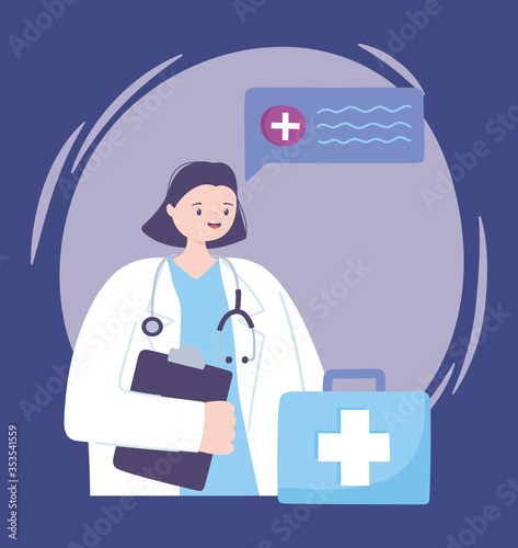 telemedicine, female doctor with kit first aid and stethocsope medical treatment and online healthcare services