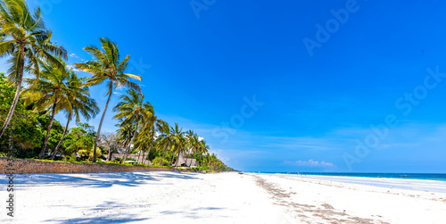 Fototapeta Naklejka Na Ścianę i Meble -  Tropical holiday bounty island with bright white sand, a crystal clear blue ocean, green waving palm trees with big leaves and a blue sky
