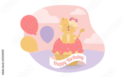 The cat sat on the cupcake with balloons celebrating the birthday party.Vector Illustrator.Party invitation card.Birthday party set cartoon animal.
