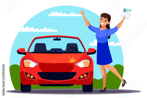 Happy woman with driver license stand near car