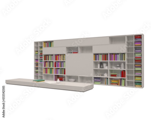 Bookcase bookshelves isolated on white 3d illustration