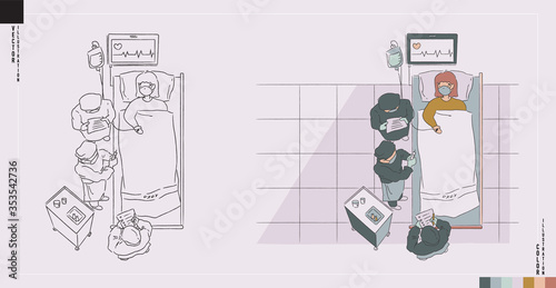 Medical care vector illustration in both outline monotone and color version. Doctors and nurses are curing in a serious situation. Hand-drawn style illustration.
