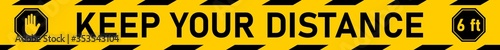Keep Your Distance 6 ft or 6 Feet and Maintain Social Distancing Floor Marking Security Stripe Tape Instruction Icon with an Aspect Ratio of 10:1. Vector Image.