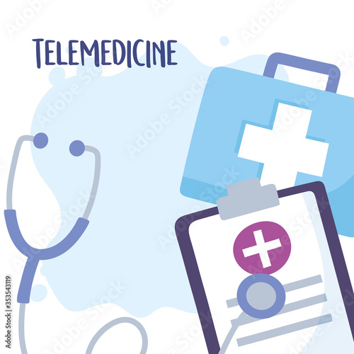 telemedicine, kit medical stethoscope clipboard equipment treatment and online healthcare services