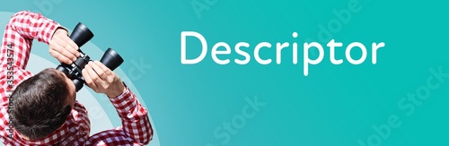 Descriptor. Businessman (man) looks through binoculars. Birds eye view. Focus on text. Blue Background. Business, Finance, Statistics, Analysis, Economy
