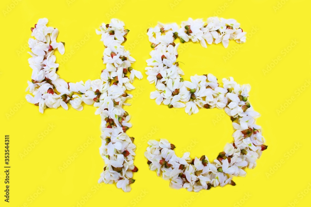 The number 45 is written in white acacia flowers on a yellow background. The number forty five is written in fresh colors, isolated on yellow. Arabic numeral lined with flowers.