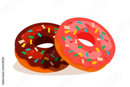 Sweet chocolate donuts isolated on white background. Glossy doughnut cakes with colorful decoration on glaze cream. Glazed sugar ring. Tasty pastry. Vector Confectionary and bakery shop assortment.